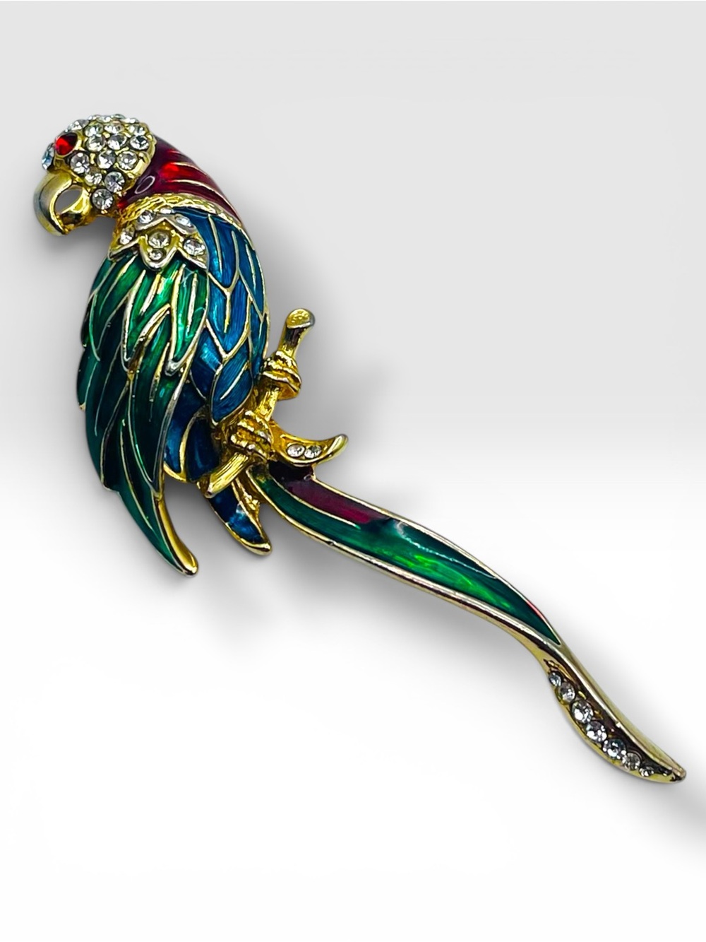 Vintage Enameled Rhinestone Parrot Perched Bird Brooch Pin Statement Pc